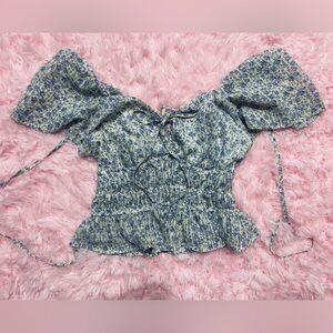 Blue and white cute floral blouse top with tie back detail